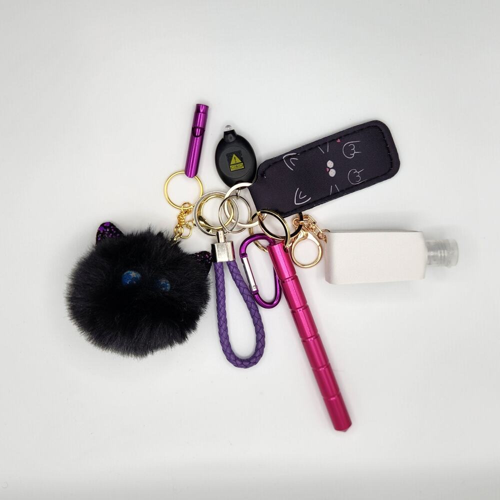 Cat Pom Pom Keychain Set with Lip Balm Holder, Safety Tools, and Accessories